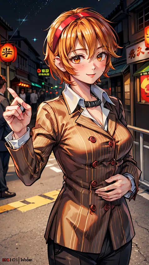 ( Super high quality, super high resolution,16k,super masterpiece,Ultra HD , detailed shading and background,)Upper body shot,Sexy woman, orange short hair, red headband , Sexy White Shirt ,black suit and pants with striped pattern,smile,blush,Chinatown in...