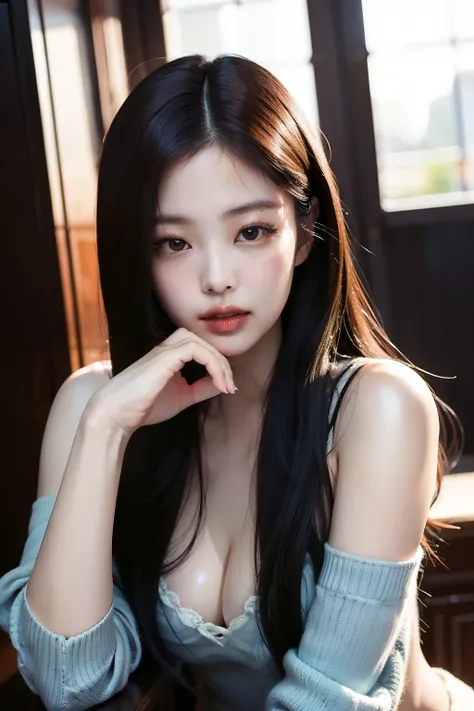 Jennie bp, long hair, doll lips, pretty eyes, far pov, seductive, sexy pose, body