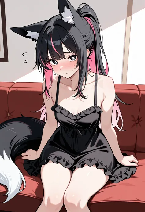 1girl, fox girl, aged up, black sundress, frilled dress, sitting, on couch, flustered, looking at viewer, blush, black hair, pink highlights, bangs, ponytail, black eyes, white pupils, fox ears, fox tail, small breasts, wide hips, indoors, highres, absurdr...