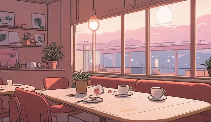 table, cafe vibes, cozy aesthetic, lofi aesthetic, aesthetic, lofi artstyle, lofi girl aesthetic, lofi art, beautiful aesthetic art, lo-fi illustration style, blurry and dreamy illustration, dreamy aesthetic, comfy ambience, minimal shading, flat shading