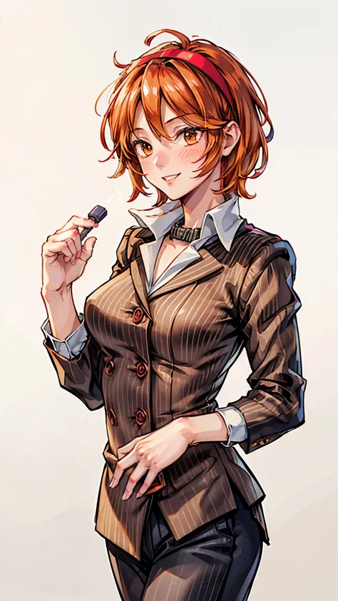 ( Super high quality, super high resolution,16k,super masterpiece,Ultra HD , detailed shading and background,)Upper body shot,Sexy woman, orange short hair, red headband , Sexy White Shirt ,black suit and pants with striped pattern,smile,blush,Open your li...