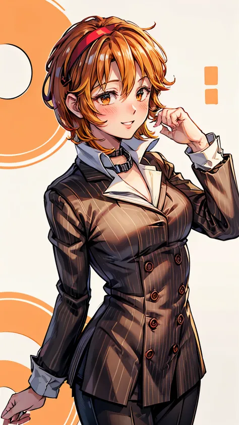 （ Super high quality, super high resolution,16k,super masterpiece,Ultra HD , detailed shading and background,）Upper body shot,Sexy woman, orange short hair, red headband , Sexy White Shirt ,black suit and pants with striped pattern,smile,blush,Open your li...