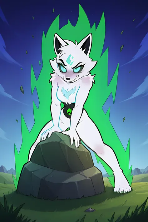 anime guy wolf with pale glowing fur, in grasslands, rock energy powers blast, rock bending powers, professionally drawn, danny phantom cartoon