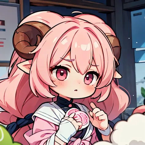 A close-up anime-style illustration of a girl named 'Fua-chan' with long, soft pink hair styled(( in curls resembling sheep’s horns)).** She has bright pink eyes showing a mix of concentration and determination. **Fua-chan is carefully wrapping a bandage a...