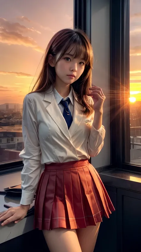  young Japanese girl in uniform  ,  wearing a plaid pleated micro mini skirt,  blazer,  beautiful detailed eyes ,  glossy lips, length,  smooth,  shiny brown hair and asymmetrical oblique bangs  ,  Nova Frog Style Floating Hair  ,  after school、A woman loo...