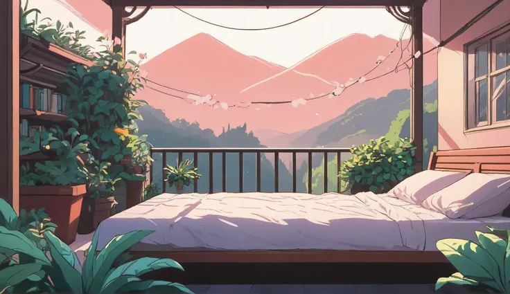 garden, cozy aesthetic, lofi aesthetic, aesthetic, lofi artstyle, lofi girl aesthetic, lofi art, beautiful aesthetic art, lo-fi illustration style, blurry and dreamy illustration, dreamy aesthetic, comfy ambience, minimal shading, flat shading