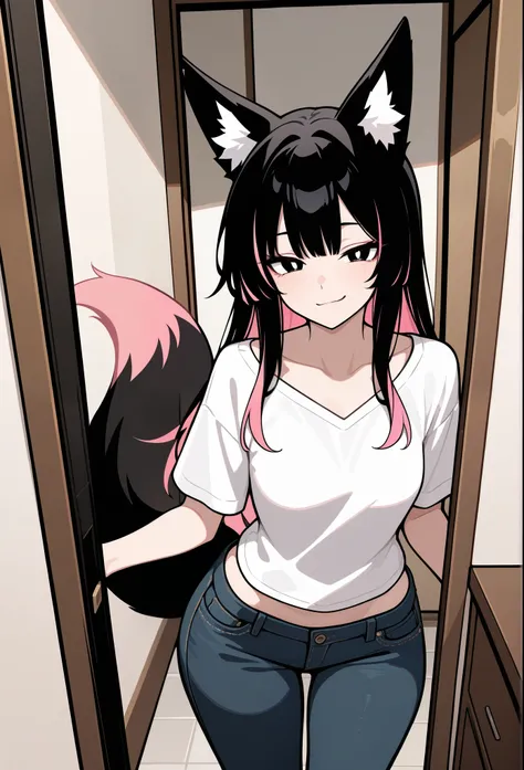 1girl, fox girl, aged up, casual, smirk, looking at viewer, light blush, black hair, pink highlights, bangs, black eyes, white pupils, fox ears, fox tail, small breasts, wide hips, doorway, highres, absurdres, masterpiece, best quality, amazing quality