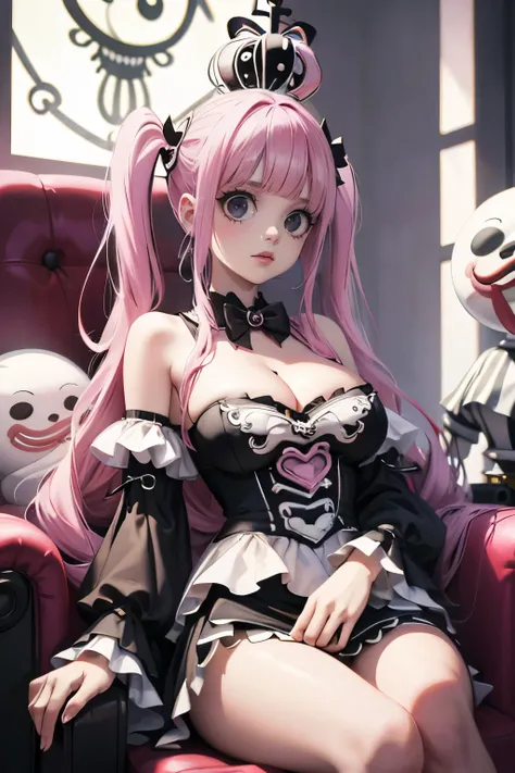 Perona, onepiece, Wearing a crown, Pink twin tails, Long Hair, Have a stuffed bear, Kumasi, There are white transparent hologhosts floating around., Throne, Sitting on a luxurious throne, Crossing your legs, (((masterpiece:1.4))), (highest quality:1.4), (U...