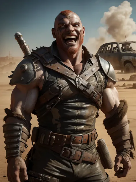 ((medium wide shot)), evil warrior, mad max man, bodybuilder, red hair, post-apocalyptic, evil smiling, detailed, realistic, white man, dirty:0.8, dramatic