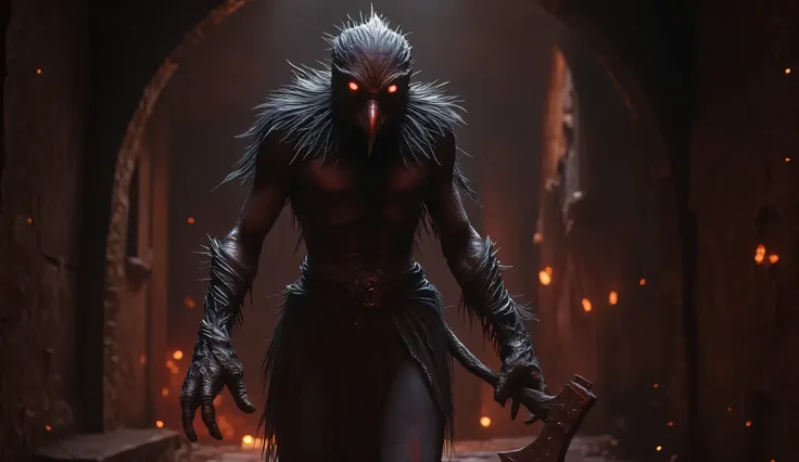 A creepy executioner with the big head of a bird of prey. The eyes are burning with a blood-red light. A strong body. He's dragging a big, terrible axe with him. He has a bare torso, a loincloth. He walks through a creepy dark corridor covered with burning...