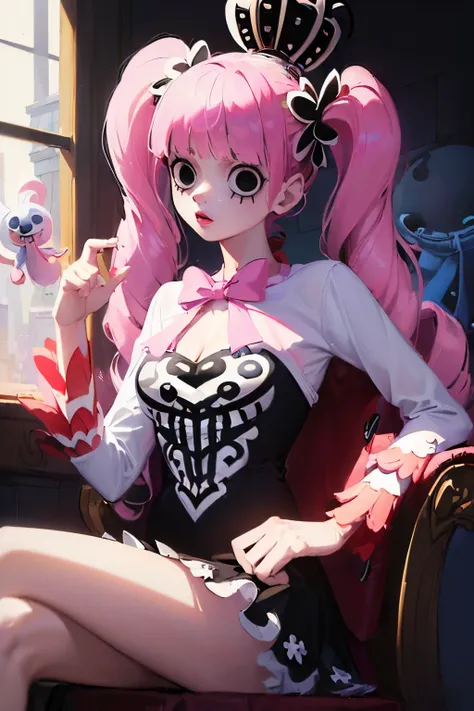 (((masterpiece:1.4))), (highest quality:1.4), (Ultra-high resolution:1.4), (best quality:1.2), (ultra detail:1.3), 16K, (((Tim Burton style))), with a handmade premium look, (((Perona))), onepiece, Wearing a crown, Pink twin tails, Long Hair, Have a stuffe...