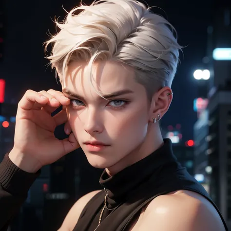 anime boy,  pretty face,  short white hair ,  light grey eyes ,  charming look , bad guy style with lots of ear piercings,  night city background ,  sharp face details ,  Sharp eye details , body and hand details ,  for 4k and 8k 