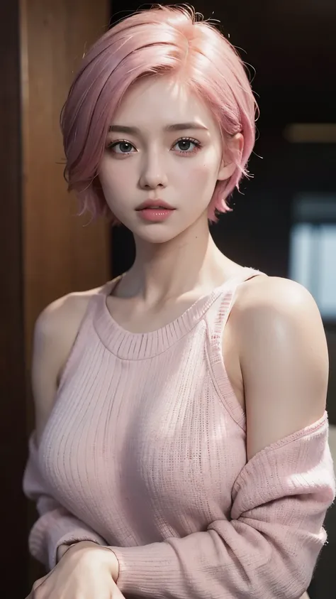 (Masseter muscle area:1.3)、(8k、 photorealistic、Unprocessed photo 、 best quality: 1.4)、( 1 girl in the best)、Beautiful appearance、( lively face)、( pink short hair:1.3)、  Beautiful Hairstyles、Realistic eyes、  beautiful details 、（ lifelike skin）、 beautiful sk...