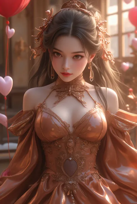 A cute Japanese woman wears a shiny costume made of chocolate with delicate details. The background features a lovely Valentine's Day scene with heart-shaped balloons and delicate chocolate decorations. Every texture is realistically expressed, down to the...