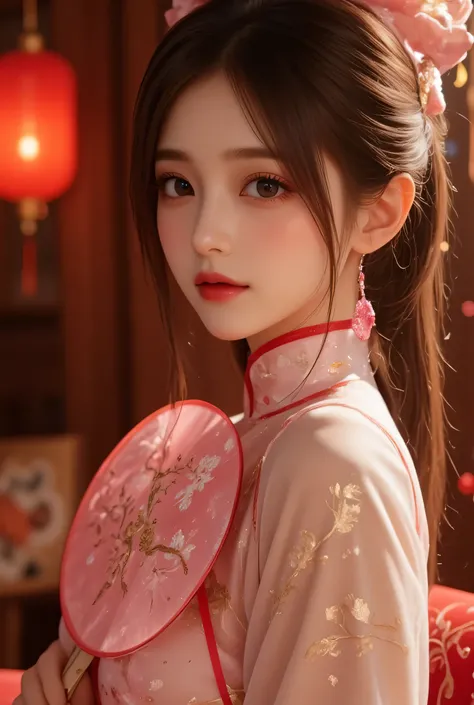 Cat ears、 face up, attractive, pretty girl, ponytail、 (( fine facial features , eroticism)), dramatic lighting , realistic , 8k, Dramatic Shadows , intricate and elaborate patterns , super detailed photo , chiaroscuro lighting , Pleasant colors , deep cont...