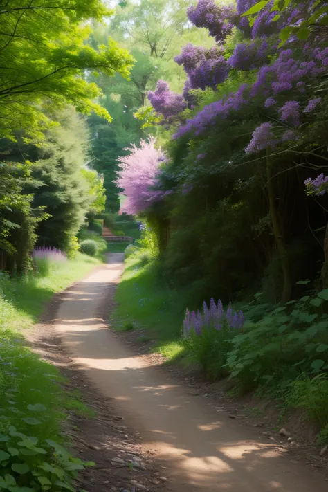 a path made of mud ,  illuminate the path, and on the sides there are completely purple bushes and purple trees, and blue fireflies light the way