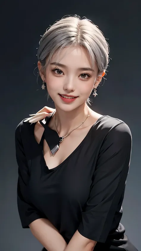   a girl with short hair looks straight into the camera ，Gray Hair，The expression is serious，Outside is a black shirt  ，  wear earrings and jewelry and smile ， colorful background，Short neck， full body show，