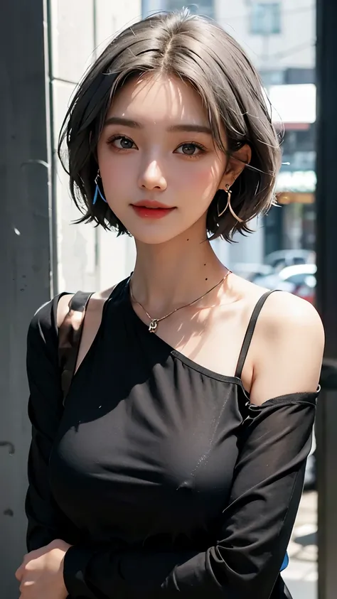   a girl with short hair looks straight into the camera ，Gray Hair，The expression is serious，Outside is a black shirt  ，  wear earrings and jewelry and smile ， colorful background，Short neck， full body show，