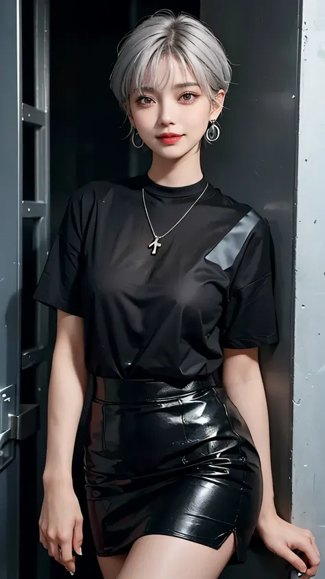   a girl with short hair looks straight into the camera ，Gray Hair，The expression is serious，Outside is a black shirt  ，  wear earrings and jewelry and smile ， colorful background，Short neck， full body show，