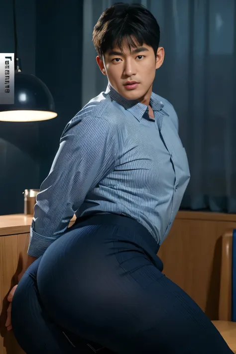 40-year-old boy ,Korean bulky male officer ,Wear navy blue police uniform shirt................ pinstripe navy blue smooth tight trouser, transparent pants obvious underwear print ,((unrealistic super big tight butt wearing pants)), legs wide open, legs on...