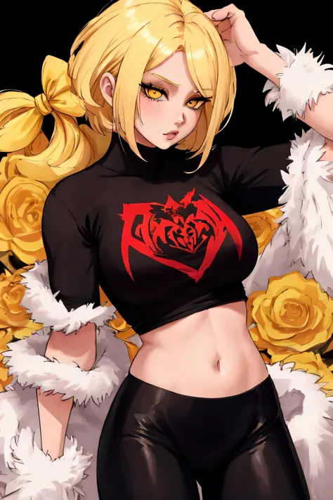 A blonde bimbo woman with bob hair and yellow eyes, wearing black leggings and a red t-shirt.