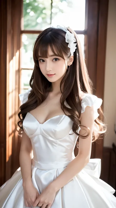 (((Top Quality))), (((Masterpiece))), (((Details))), tall, looking at camera, face-to-face, girly empire length wedding dress in pure white and off-white glossy silk satin ruffle, hands thrust forward, Japanese, brown hair, long hair, gorgeous room,. Gorge...