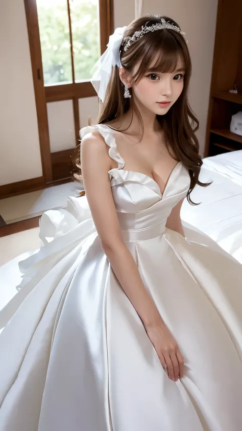 (((Top Quality))), (((Masterpiece))), (((Details))), tall, looking at camera, face-to-face, girly empire length wedding dress in pure white and off-white glossy silk satin ruffle, hands thrust forward, Japanese, brown hair, long hair, gorgeous room,. Gorge...