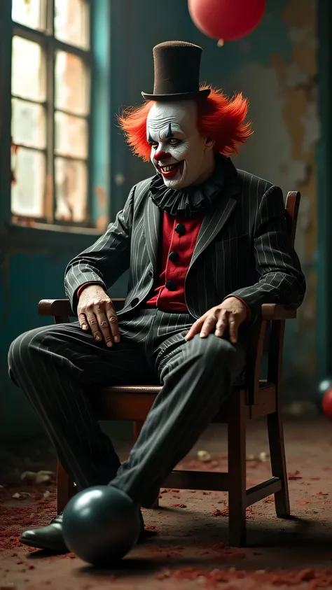  An ominous clown sitting on an old wooden chair inside an abandoned circus ,  with flashing lights of a broken sign flashing in the background .  His makeup is meticulously realistic ,  with black tears streaming from his eyes and a smile maniac who seems...