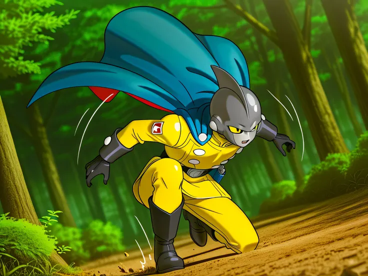 (Gamma2: gamma 2, 1boy, grey skin, yellow sclera, black eyes, shark fins), (yellow jacket, yellow pants, blue cape, blue print, black belt, black gloves, black boots, red ribbon shoulder patch)\. BREAK \ (dramatic angle, action view, motion lines), forest,...