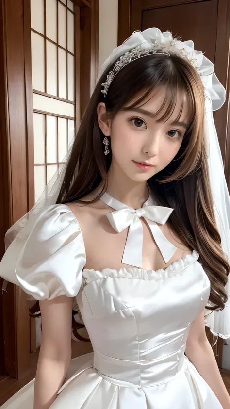 (((Top Quality))), (((Masterpiece))), (((Details))), tall, looking at camera, face-to-face, girly empire length wedding dress in pure white and off-white glossy silk satin ruffle, hands thrust forward, Japanese, brown hair, long hair, gorgeous room,. Gorge...