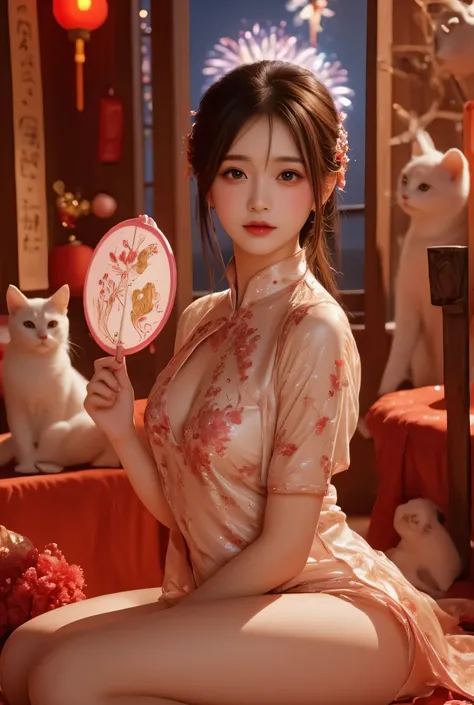 Cat ears、 face up, attractive, pretty girl, ponytail、 (( fine facial features , eroticism)), dramatic lighting , realistic , 8k, Dramatic Shadows , intricate and elaborate patterns , super detailed photo , chiaroscuro lighting , Pleasant colors , deep cont...
