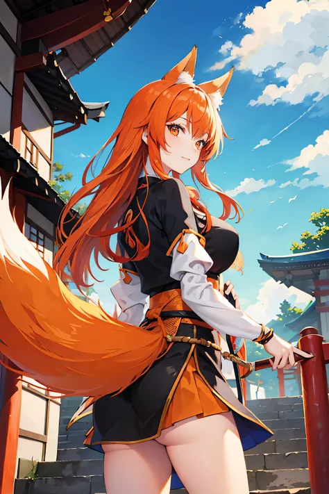 Woman with orange fox ears and tail, medieval adventurous woman. Attractive woman wears skirt, Japanese temple background with a blue sky.