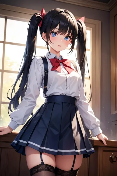 a young girl in skirt and uniform, twintails, thighhighs, long hair, white shirt, blue skirt, looking at viewer, long sleeves, pleated skirt, red bow, black hair, 1girl, detailed face, beautiful detailed eyes, beautiful detailed lips, extremely detailed ey...