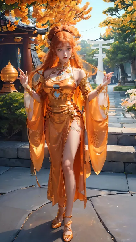 (Absurdly, high quality ,  very detailed,32K、 high definition、Ultra HD、 golden ratio face 、 is present、 complicated、 high detail、 ultra high resolution)、((( standing、 standing pose )))、((( orange hair、 bun hair for your toes)))、(((See-through celestial mai...