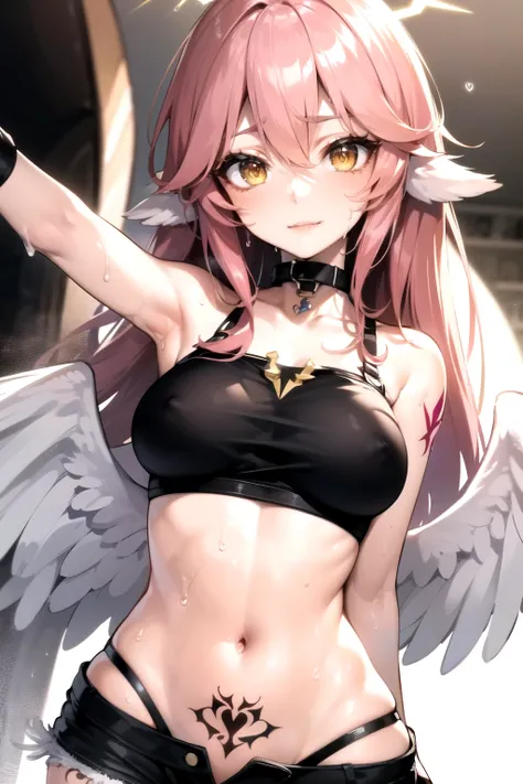 jibril, BREAK jibril, angel, angel wings, collar, animal ears, bird ears, compass rose halo, feathered wings, feathers, gradient hair, halo, long hair, low wings, multicolored hair, pink hair, symbol-shaped pupils, big breast, white wings, wing ears, wings...