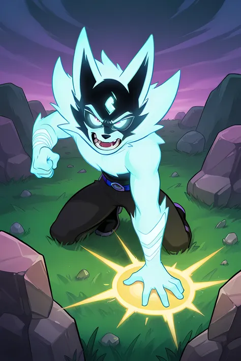 anime guy wolf with pale glowing fur fighting alien monsters, in grasslands, rock energy powers blast, rock bending powers, professionally drawn, danny phantom cartoon
