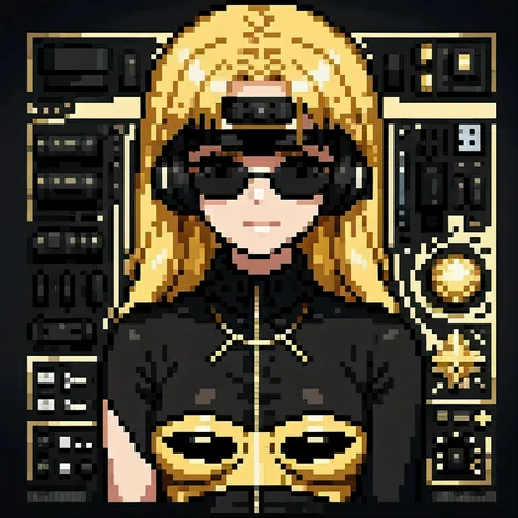 wearing gold frame reflective sunglasses {x} cyberpunk, black,  ，Focus