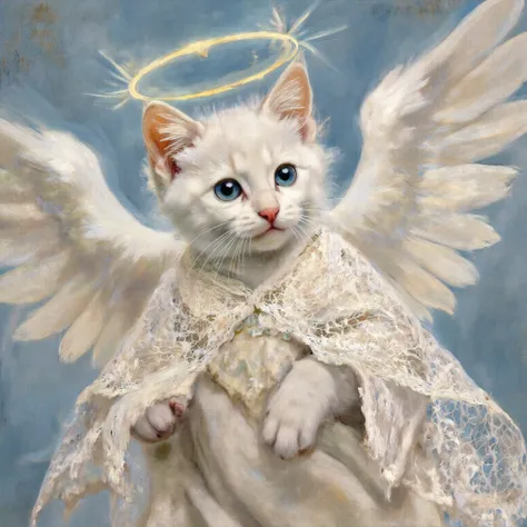 beautiful white kitten angel lace robe Feather Like a religious painting sacred flying in the sky Get in the way blue eyes Ring of Light Overhead More advanced camera angles use the magic of light happiness glowing background of salvation Aura of Lig...
