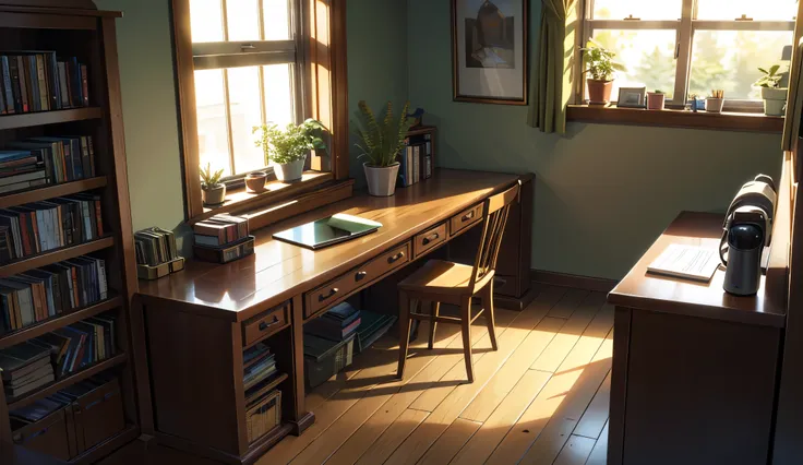 A simple and cozy table ,  in a room with soft and warm lighting . In the center of the table, There is an open notebook ,  with a pen or pencil lying next to . In the background,  we can see a bookcase with books and some plants in pots ,  creating a rela...