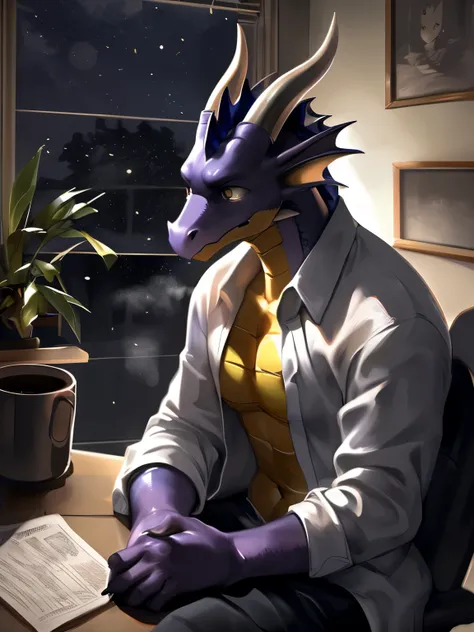 solo, male, businessman, (male anthro dragon:1.3), (purple body:1.1), yellow belly, (sitting:1.3), (kemono:1.4), (on desk:1.23), (open shirt), (sad:1.3), exhausted ,detailed eyes, dragon tail, horn, (bust portrait), (detailed eyes), (indoors:1.35), office,...