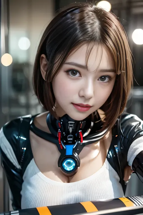  Standing against the backdrop of a post-apocalyptic battlefield city ,(See-through costume:1.3, ),( Cybergirl assembling big robots in a robot factory :1.3), Robots being assembled in the background , short hair with shiny light brown and orange stripes, ...