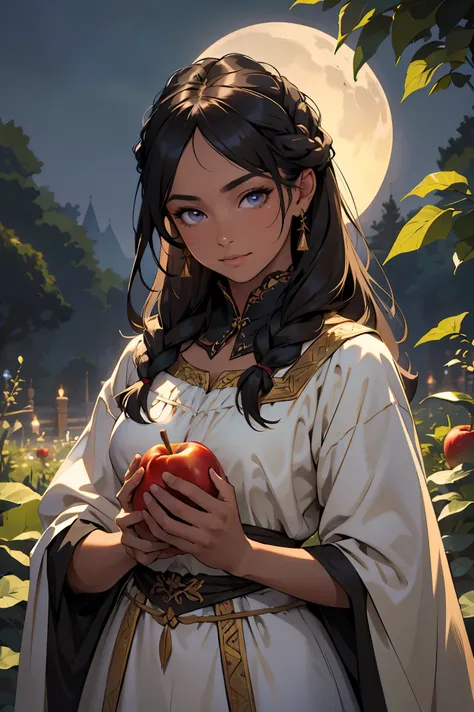 a beautiful young girl with tanned skin, dark hair, wearing a peasant outfit, holding an apple, soft smile, ((NIGHT 1.3)) ,highres,masterpiece,highly detailed face,extremely detailed eyes and face,longeyelashes,detailed clothing, intricate background, natu...