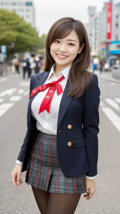  best quality、8k、Masterpiece、 super high resolution、Clear Photo、 professional lighting、 natural light、 is present、 perfect anatomy、 one woman、baby face:1.8、Big Breasts、saggy breasts:1.6、 beautiful hair、smile、(( high school student uniform))、 navy blue blaz...