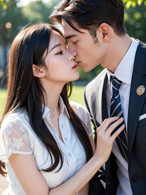  best quality、   high definition  、  more details、​masterpiece、   Unedited photo   、 is present、 Photorealistic :1.5、   very delicate and beautiful、  Fine details、 Beautiful man in high school uniform、(Kissing a beautiful woman in a suit)、(  wear  )、  deta...