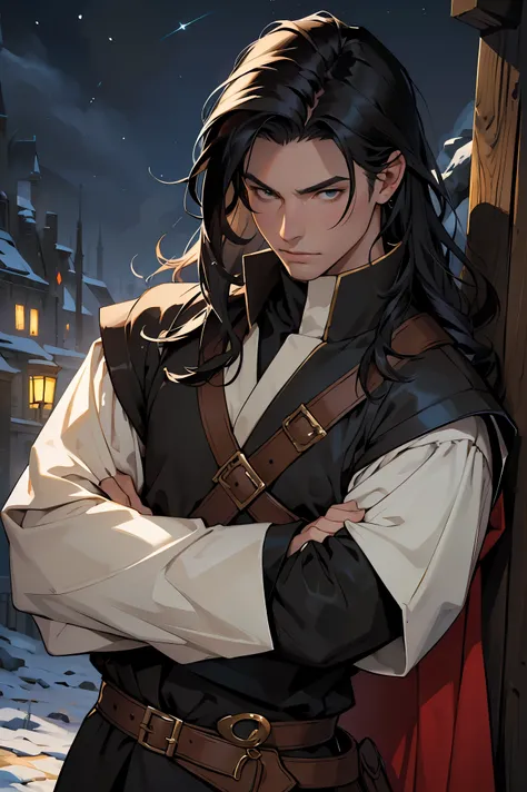 Masterpiece, portrait, 1male, medieval outfit, medieval hunter((1.5)), ((mature male)), long black hair, hunter outfit((1.3)), straight pose, upper body((1.3)), ((night scenario))