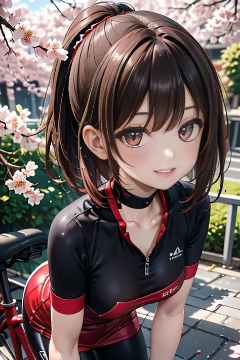  going down the hill on a red bicycle ,  peak eyes  , movie,sunlight, elegant girl  , big ass、 cheerful smile ,( black white red tight cycling jersey,) wearing a black and white red bicycle helmet , big breasts,(  shiny short reddish brown hair ,)Cherry bl...