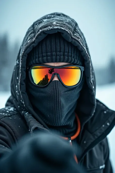 man with reflective glasses taking a selfie with a ski mask and ski cap