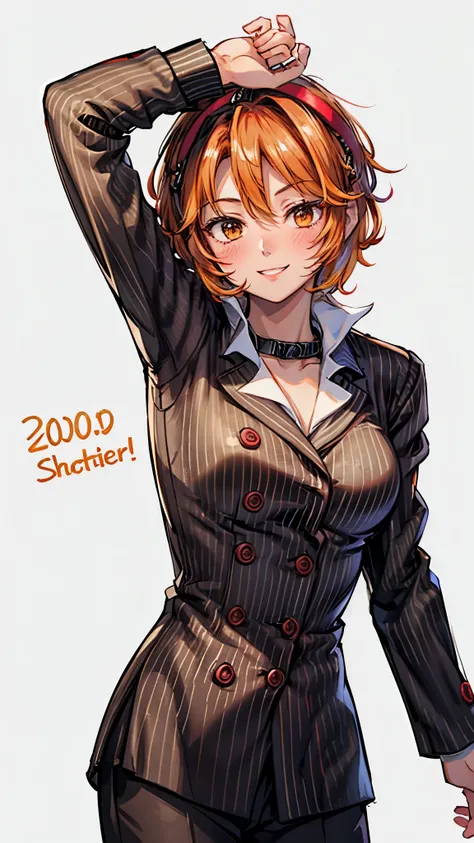 （ Super high quality, super high resolution,16k,super masterpiece,Ultra HD , detailed shading and background,）Upper body shot,Sexy woman, orange short hair, red headband , Sexy White Shirt ,black suit and pants with striped pattern,smile,blush,Open your li...