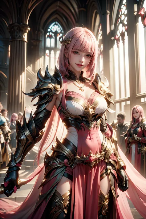 1Women, early 20s, (medium pink hair with bangs:1.4), (gold armlet, gold bracelet:1.1), golden eyes, smile. (golden cross necklace:1.2), (elbow gloves:1.3), big breast, breastplate, standing up. white long robe, cape, priest, full armour, church, fantasy, ...