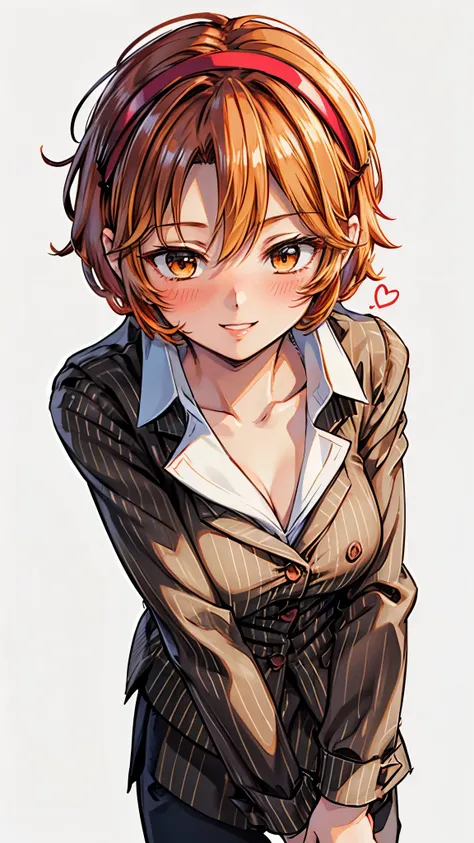 （ Super high quality, super high resolution,16k,super masterpiece,Ultra HD , detailed shading and background,）Upper body shot,Sexy woman, orange short hair, red headband , Sexy White Shirt ,black suit and pants with striped pattern,smile,blush,Open your li...